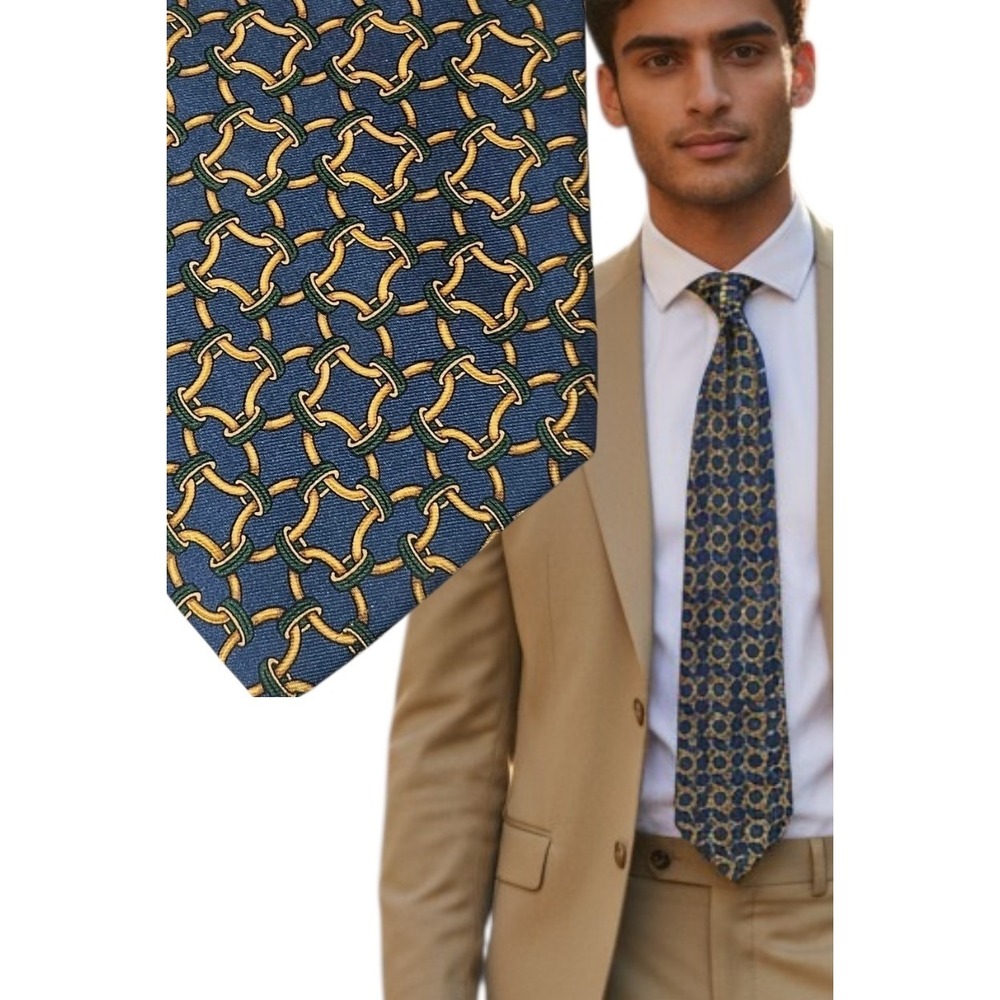Brooks Brothers Makers Blue Gold 3.5'' Necktie Design Neck Tie Silk Handmade USA
